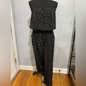 Express Black Strapless Jumpsuit with Minimalist White Floral Print
